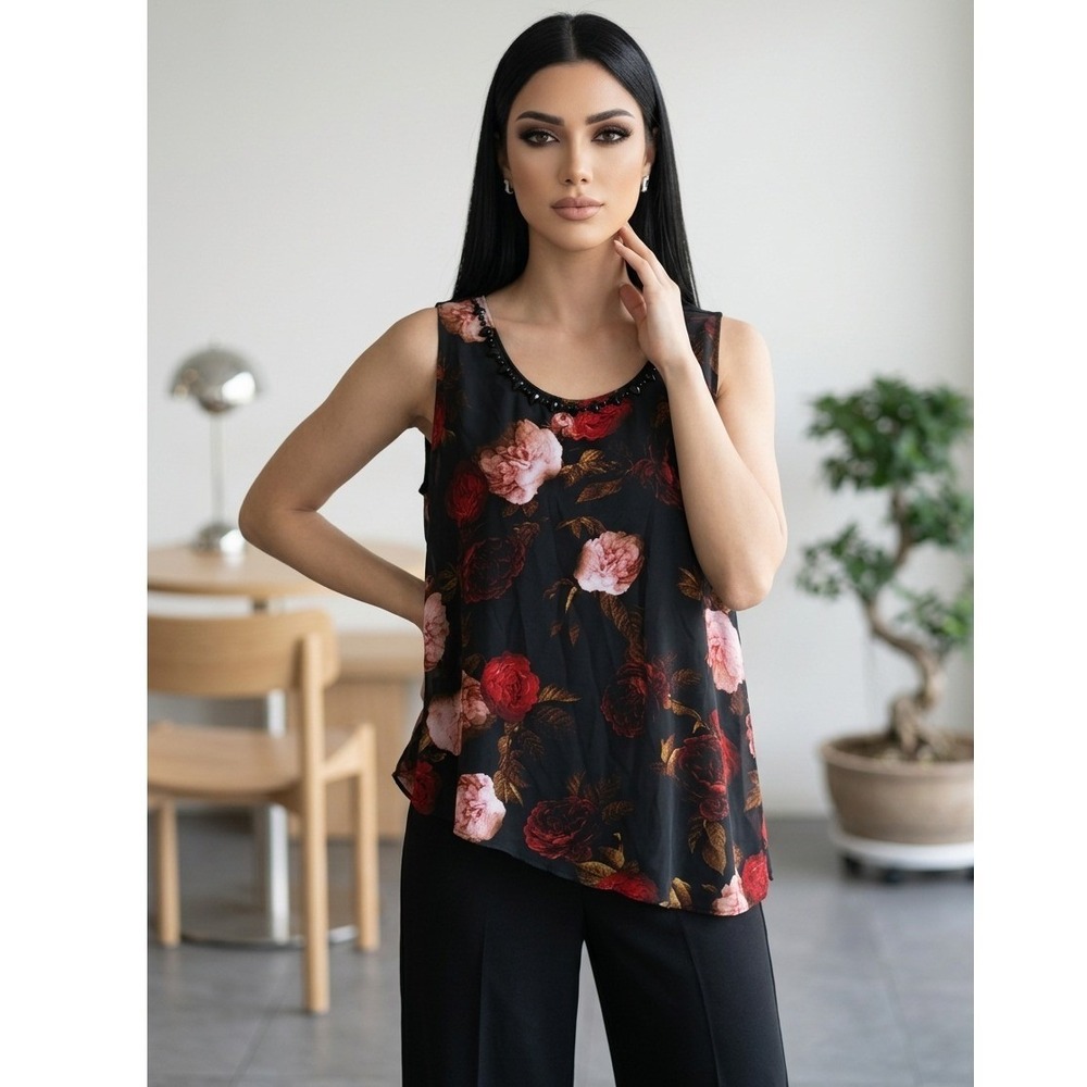 Lane Bryant 26/28 Black Floral‎ Beaded Neck Asymmetric Hem Tank Top 3X/4X
